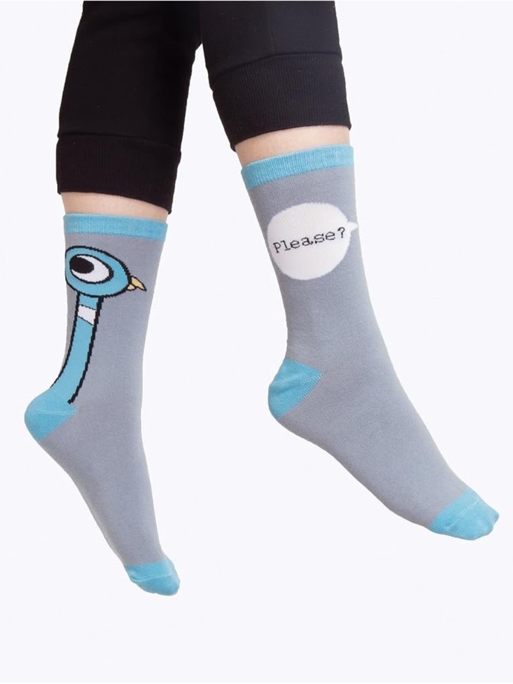 Novelty Gray & Light Blue Crew Socks with Pigeon Graphic